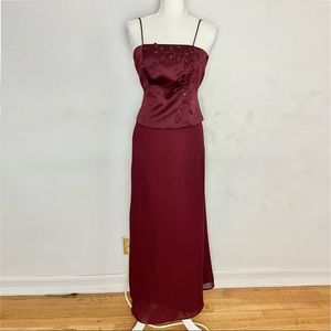 David’s Bridal Burgandy embroidered cherry blossom maxi dress